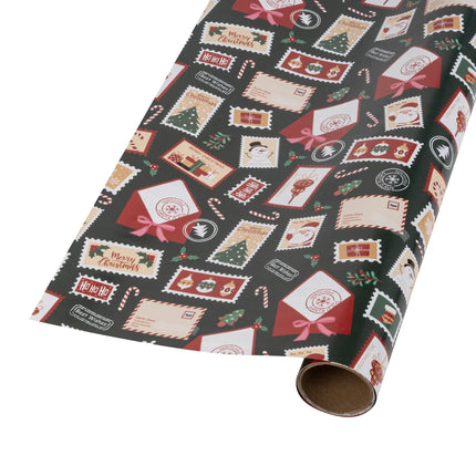 Two-sided wrapping paper combining whimsical holiday postage motifs and classic red-white vertical stripes.