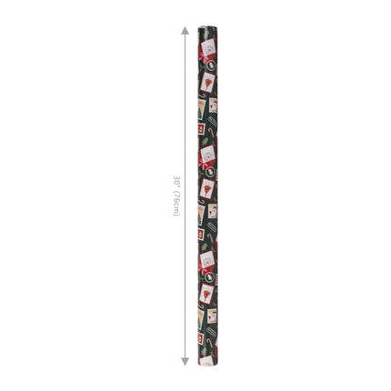 30"x10' reversible holiday wrapping paper with vintage holiday stamps on dark green and bold red-white stripes.