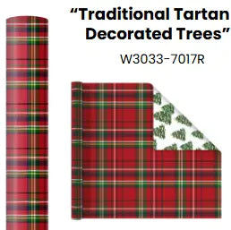 30" x 33' Holiday Reversible Wrapping Paper Jumbo Roll | Traditional Tartan Plaid and Decorated Trees