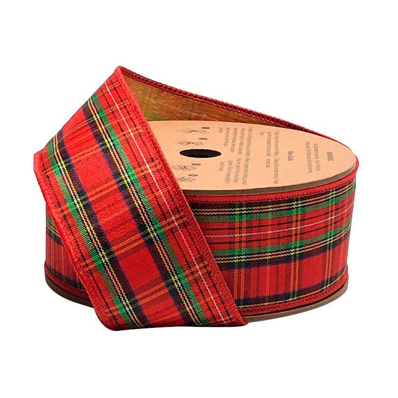 1 1/2" Holiday Wired Ribbon | "Plaid" Red/Black/Natural | 10 Yard Roll