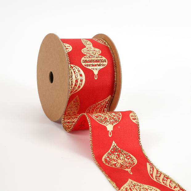 2 1/2" Wired Ribbon | "Glitter Ornament" Red/Gold | 10 Yard Roll