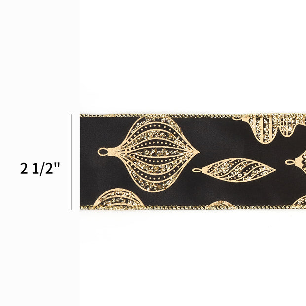 2 1/2" Wired Ribbon | "Glitter Ornament" Black/Gold | 10 Yard Roll