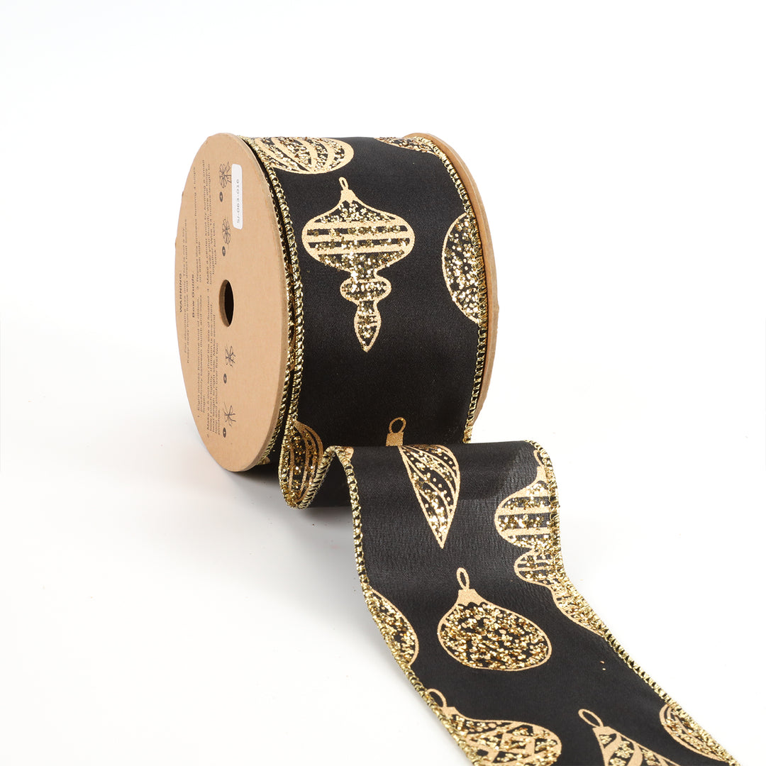 2 1/2" Wired Ribbon | "Glitter Ornament" Black/Gold | 10 Yard Roll