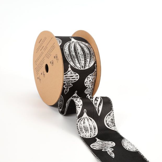 2 1/2" Wired Ribbon | "Glitter Ornament" Black/Silver | 10 Yard Roll