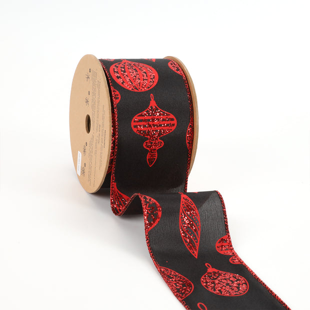 2 1/2" Wired Ribbon | "Glitter Ornament" Black/Red | 10 Yard Roll
