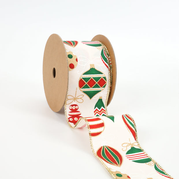 2 1/2" Wired Ribbon | "Holiday Ornament" Antique White/Multi | 10 Yard Roll