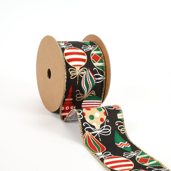 2 1/2" Wired Ribbon | "Holiday Ornament" Black/Multi | 10 Yard Roll