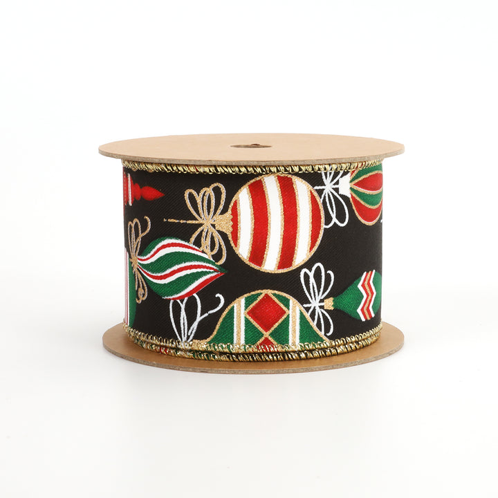 2 1/2" Wired Ribbon | "Holiday Ornament" Black/Multi | 10 Yard Roll