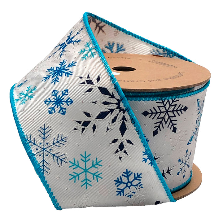 2 1/2" Wired Ribbon | "Glitter Snowflake" White/Blue | 10 Yard Roll