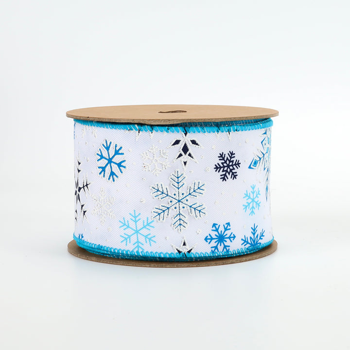 2 1/2" Wired Ribbon | "Glitter Snowflake" White/Blue | 10 Yard Roll