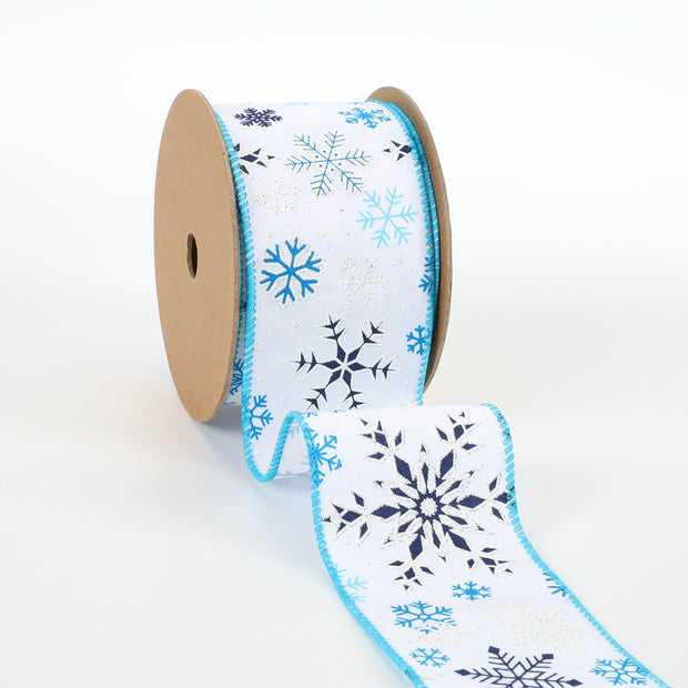 2 1/2" Wired Ribbon | "Glitter Snowflake" White/Blue | 10 Yard Roll