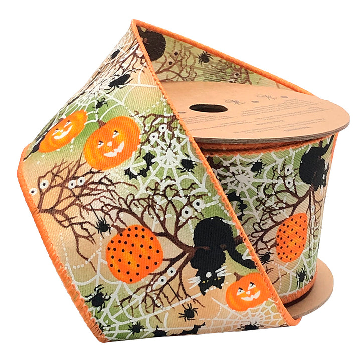 2 1/2" Wired Ribbon | "Pumpkin Spiderweb" Orange/Multi | 10 Yard Roll - 50% OFF