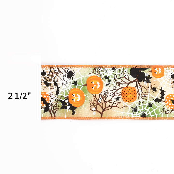 2 1/2" Wired Ribbon | "Pumpkin Spiderweb" Orange/Multi | 10 Yard Roll - 50% OFF