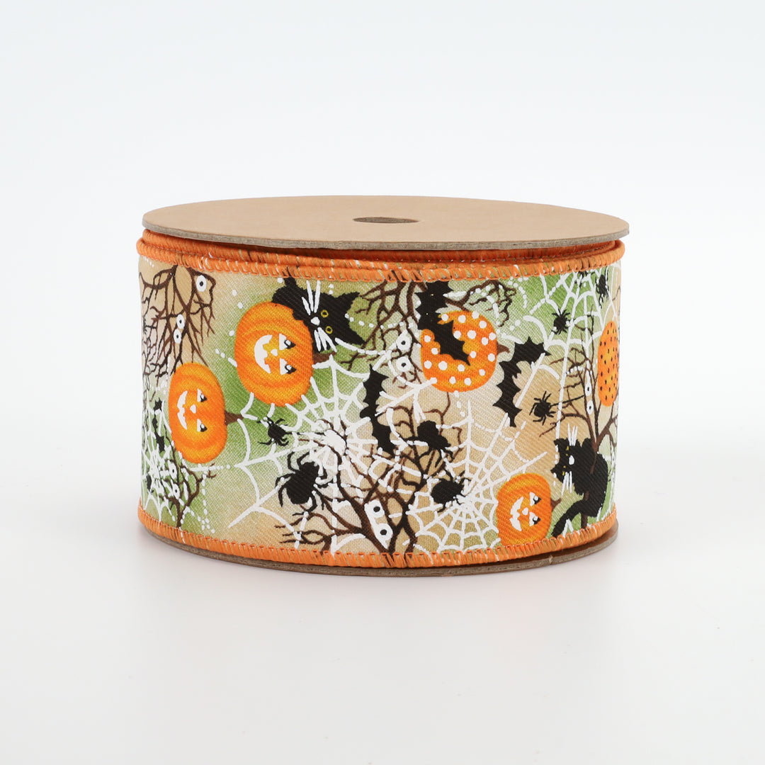 2 1/2" Wired Ribbon | "Pumpkin Spiderweb" Orange/Multi | 10 Yard Roll - 50% OFF