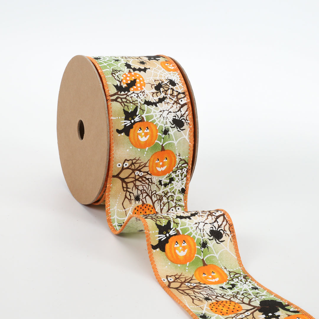 2 1/2" Wired Ribbon | "Pumpkin Spiderweb" Orange/Multi | 10 Yard Roll - 50% OFF