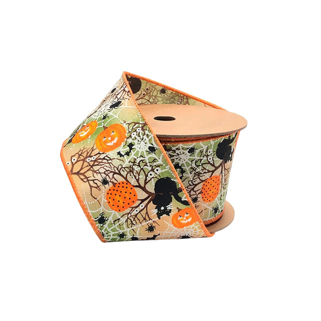 2 1/2" Wired Ribbon | "Pumpkin Spiderweb" Orange/Multi | 10 Yard Roll LaRibbons and Crafts