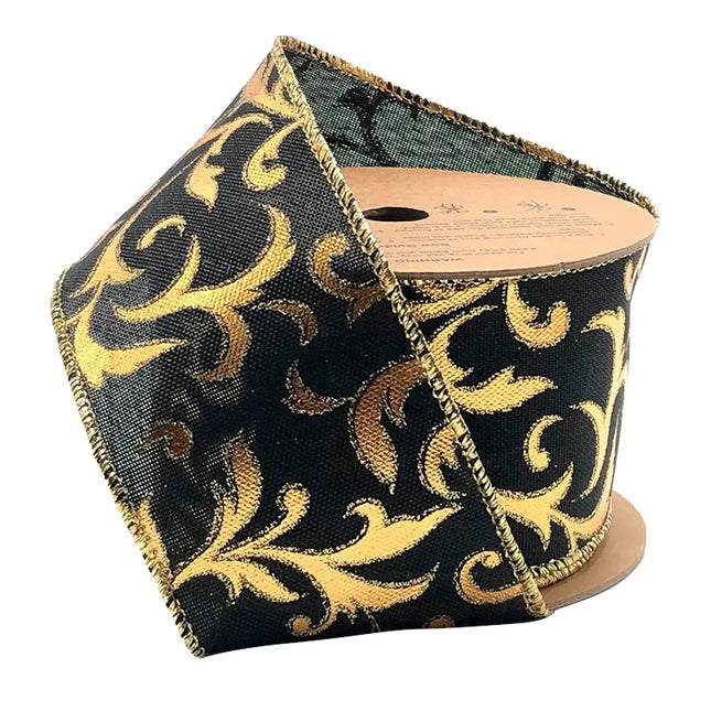 2 1/2" Wired Ribbon | "Metallic Brocade" Black/Gold | 10 Yard Roll LaRibbons and Crafts