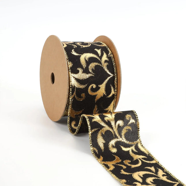 2 1/2" Wired Ribbon | "Metallic Brocade" Black/Gold | 10 Yard Roll LaRibbons and Crafts