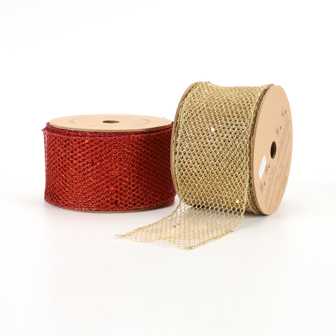 2 1/2" Wired Ribbon | "Glitter Net" Gold | 10 Yard Roll - 35% OFF