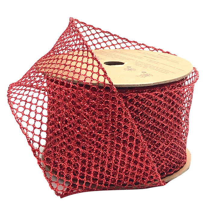 2 1/2" Wired Ribbon | "Glitter Net" Red | 10 Yard Roll