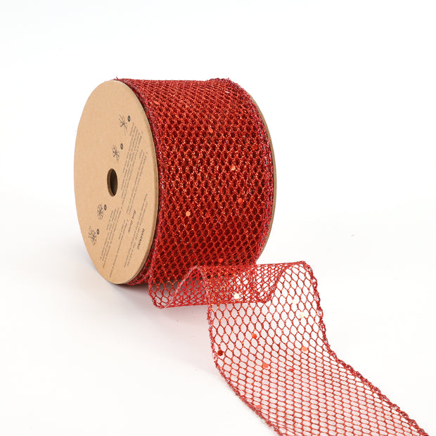 2 1/2" Wired Ribbon | "Glitter Net" Red | 10 Yard Roll