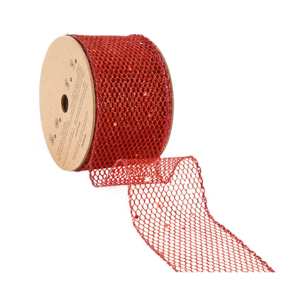 Unrolled 2 1/2" Red Glitter Net Wired Ribbon spool—wired, for decor & gift wrapping.