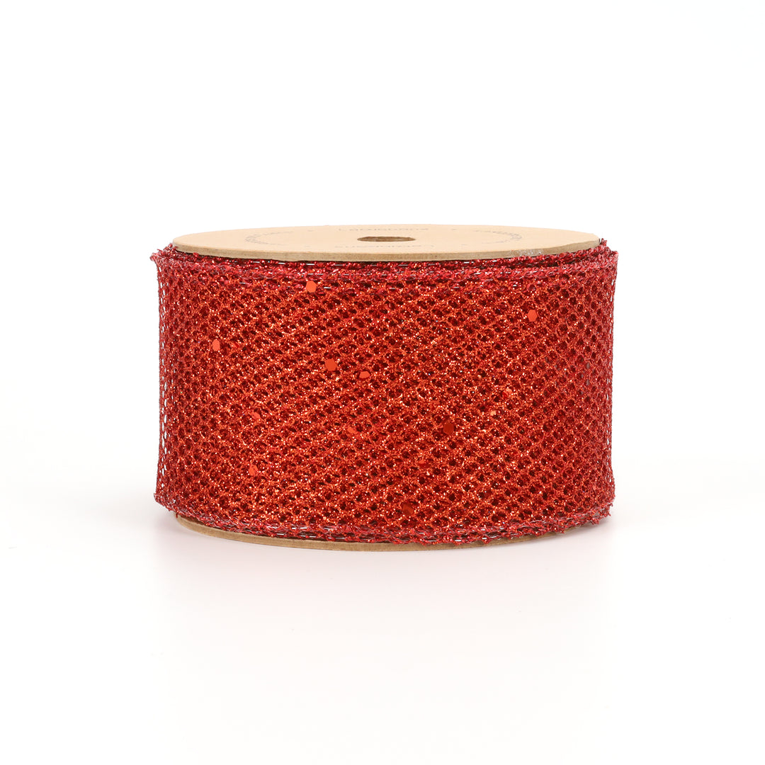 2 1/2" Wired Ribbon | "Glitter Net" Red | 10 Yard Roll