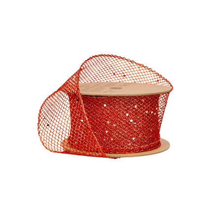 2 1/2" Red Glitter Net Wired Ribbon spool—mesh texture, glitter speckles for gift wrapping.