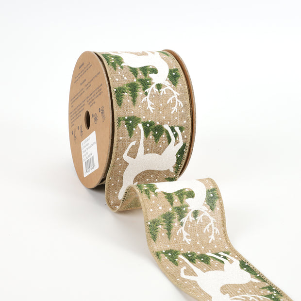 2 1/2" Wired Ribbon | "Reindeer Tree" Natural/Green/White | 10 Yard Roll