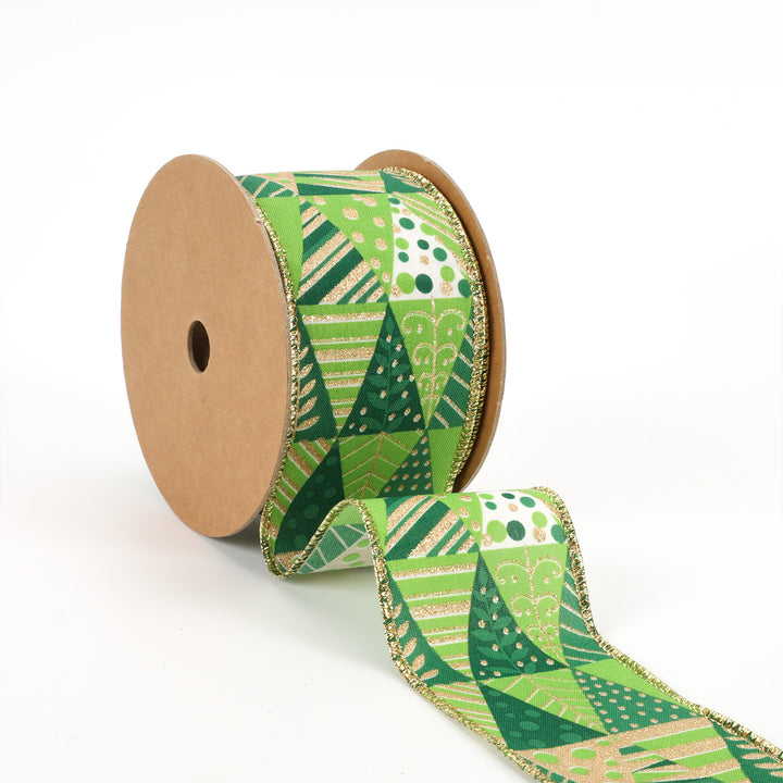 2 1/2" Wired Ribbon | "Geometric Trees" Gold/Green Multi | 10 Yard Roll