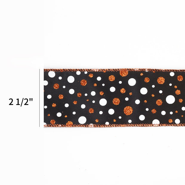 2 1/2" Wired Ribbon | "Glitter Polka Dot" Black/Orn/White | 10 Yard Roll