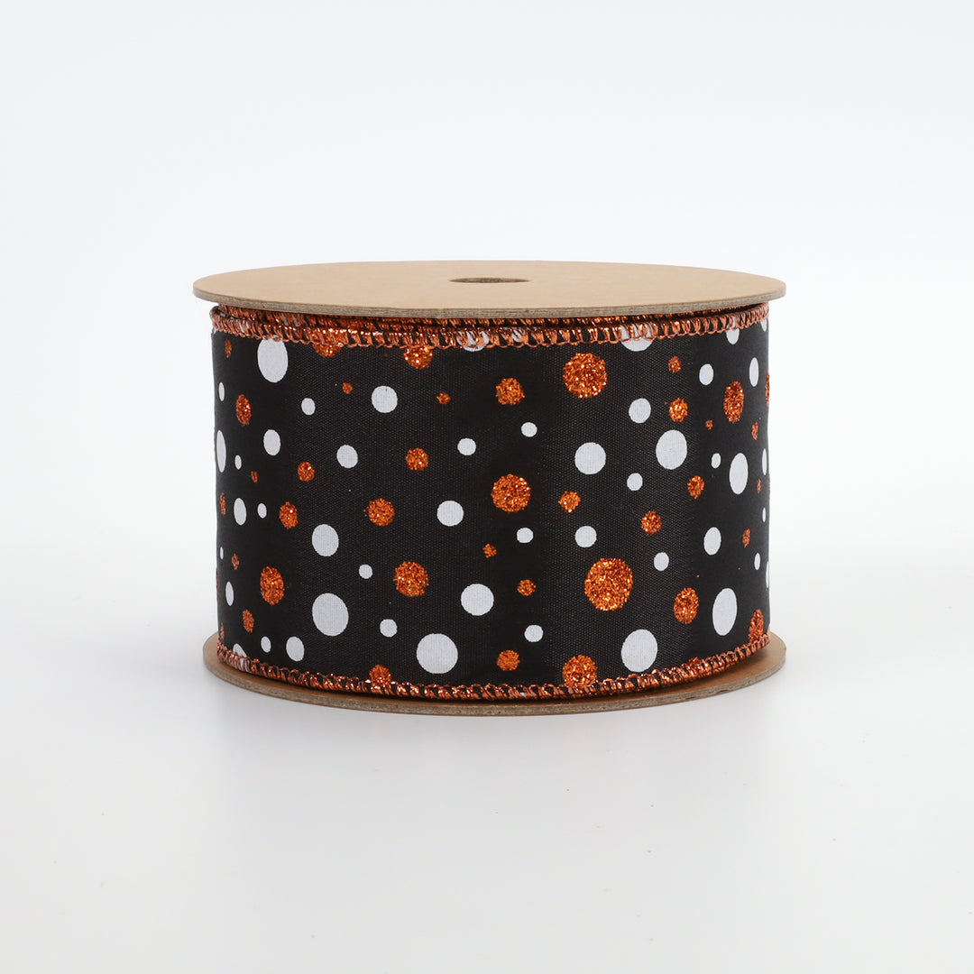 2 1/2" Wired Ribbon | "Glitter Polka Dot" Black/Orn/White | 10 Yard Roll - 50% OFF