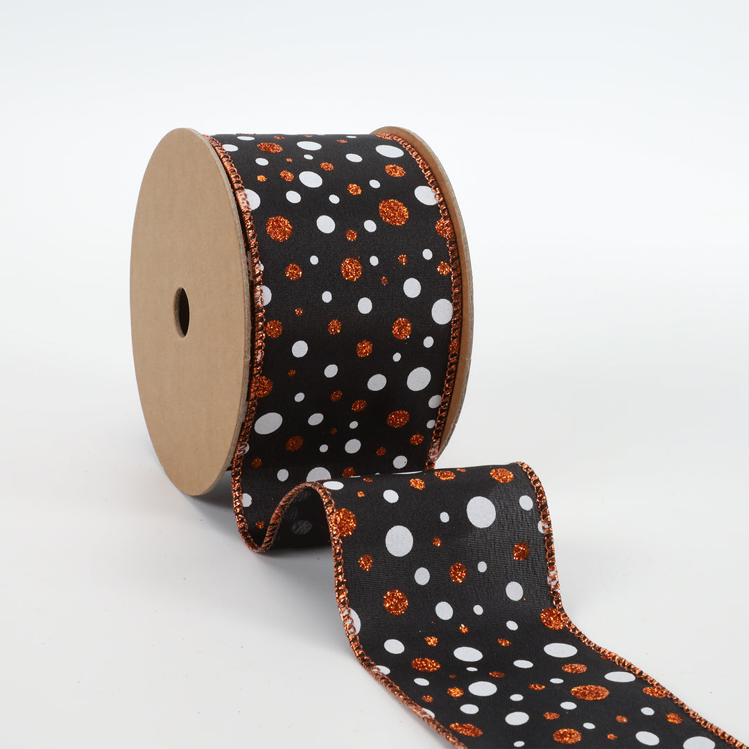 2 1/2" Wired Ribbon | "Glitter Polka Dot" Black/Orn/White | 10 Yard Roll - 50% OFF