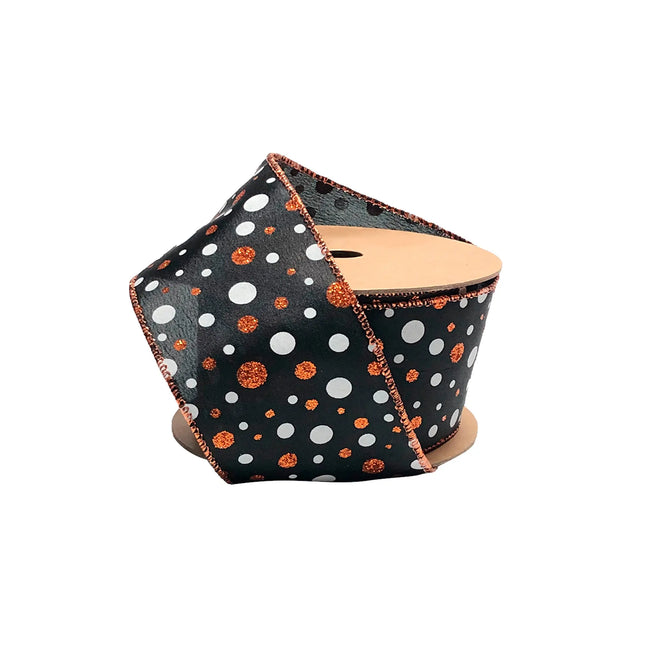 2 1/2" Wired Ribbon | "Glitter Polka Dot" Black/Orn/White | 10 Yard Roll LaRibbons and Crafts