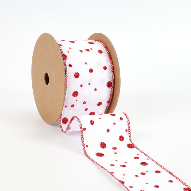 2 1/2" Wired Ribbon | "Glitter Polka Dot" White/Red | 10 Yard Roll