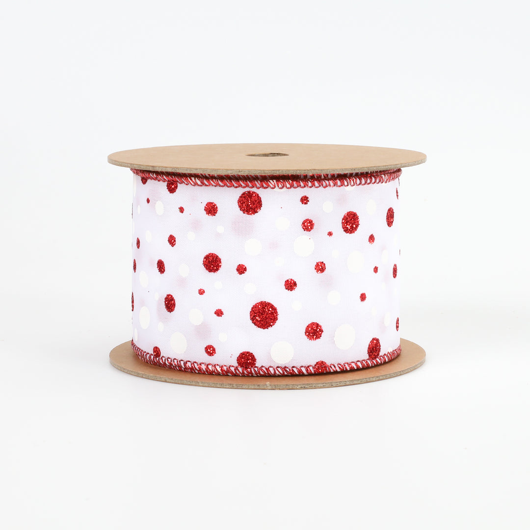 2 1/2" Wired Ribbon | "Glitter Polka Dot" White/Red | 10 Yard Roll