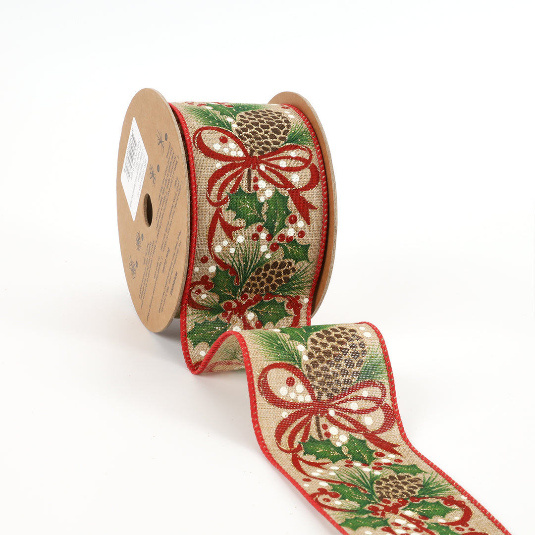 2 1/2" Wired Ribbon | "Glitter Pinecone Holly" Natural/Red Multi | 10 Yard Roll