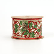 2 1/2" Wired Ribbon | "Glitter Pinecone Holly" Natural/Red Multi | 10 Yard Roll