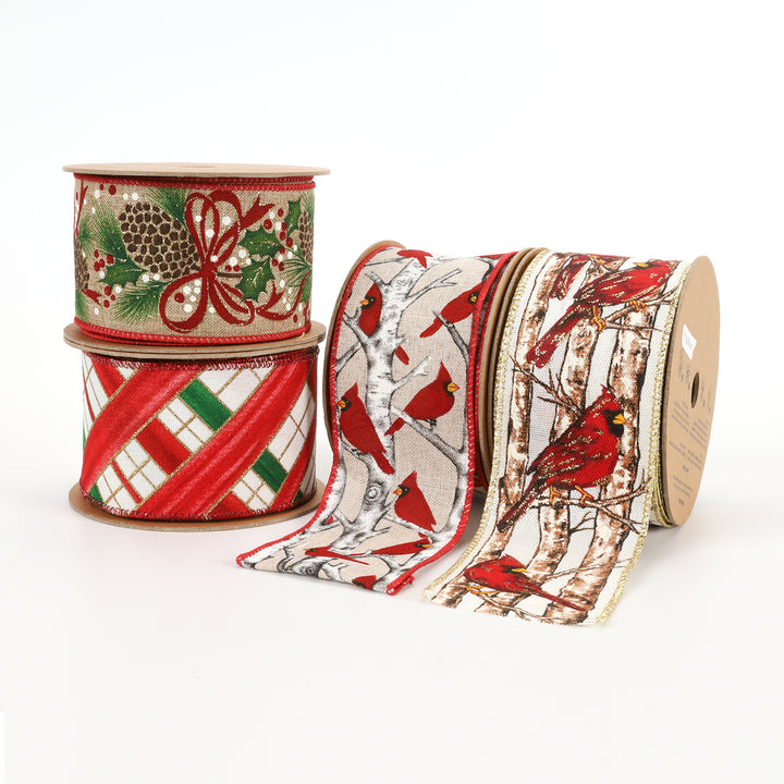 2 1/2" Wired Ribbon | "Glitter Pinecone Holly" Natural/Red Multi | 10 Yard Roll