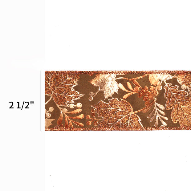 2 1/2" Wired Ribbon | "Metallic Leaf" Brown/Copper | 10 Yard Roll