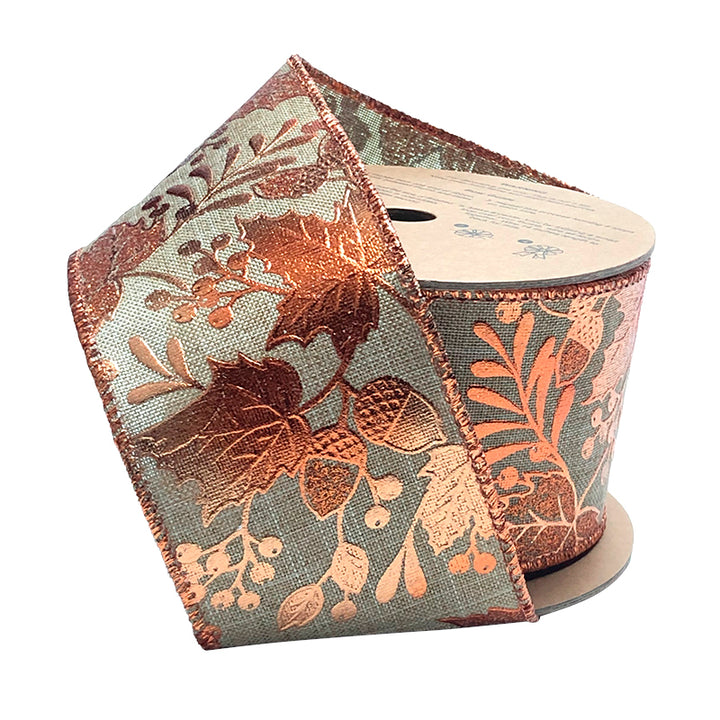 2 1/2" Wired Ribbon | "Metallic Leaf" Natural/Copper | 10 Yard Roll - 35% OFF