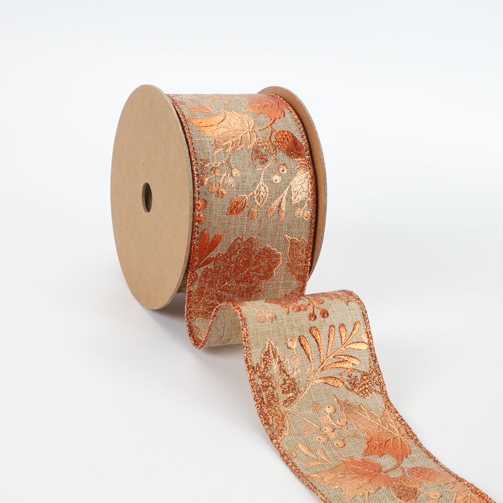 2 1/2" Wired Ribbon | "Metallic Leaf" Natural/Copper | 10 Yard Roll - 35% OFF