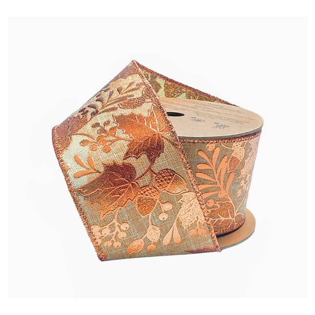 2 1/2" Wired Ribbon | "Metallic Leaf" Natural/Copper | 10 Yard Roll LaRibbons and Crafts
