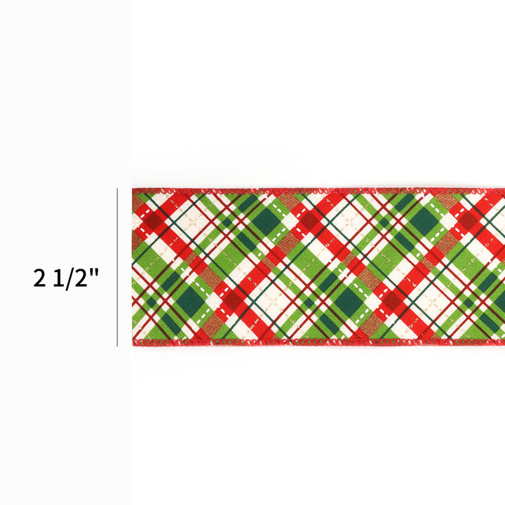 2 1/2" Wired Ribbon | "Holiday Plaid" White/Red/Green | 10 Yard Roll