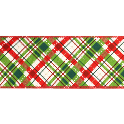 Holiday plaid ribbon (white, red, green) with red edge stitching, ideal for Christmas decor and gifting.