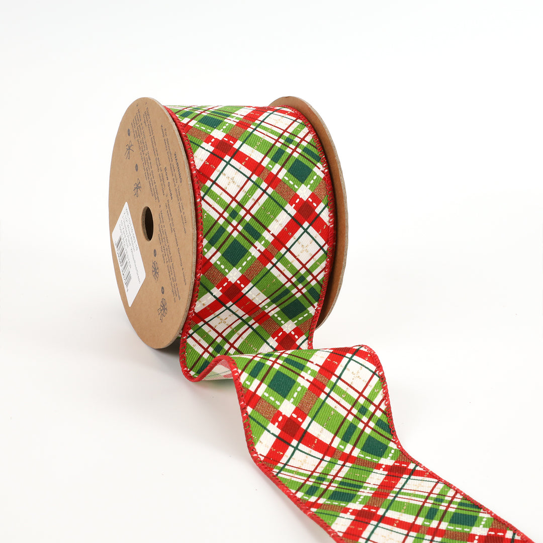 2 1/2" Wired Ribbon | "Holiday Plaid" White/Red/Green | 10 Yard Roll