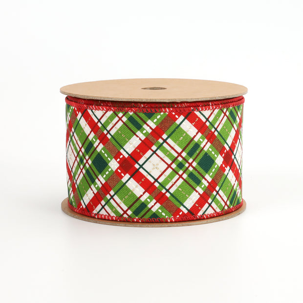 2 1/2" Wired Ribbon | "Holiday Plaid" White/Red/Green | 10 Yard Roll