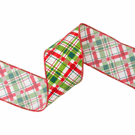 Holiday plaid ribbon with white, red, green tones, great for Christmas decorations and wrapping.