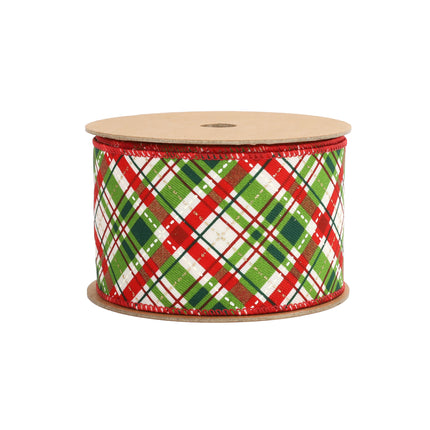 Holiday plaid ribbon in white, red, and green, ideal for festive decor, gift wrapping, and Christmas crafting.