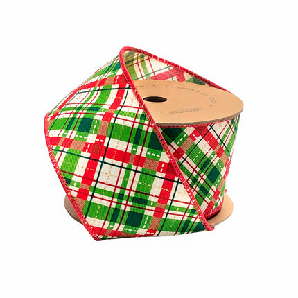 Festive Christmas plaid ribbon with red, green, and white accents, ideal for Christmas decor, gift wrapping.